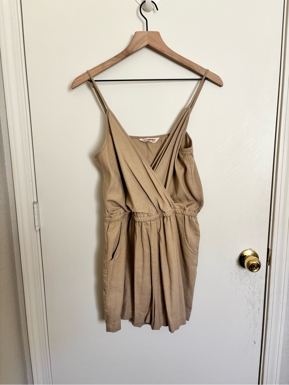 Ci Sono Tan Wrap-Front Mini Dress with Spaghetti Straps